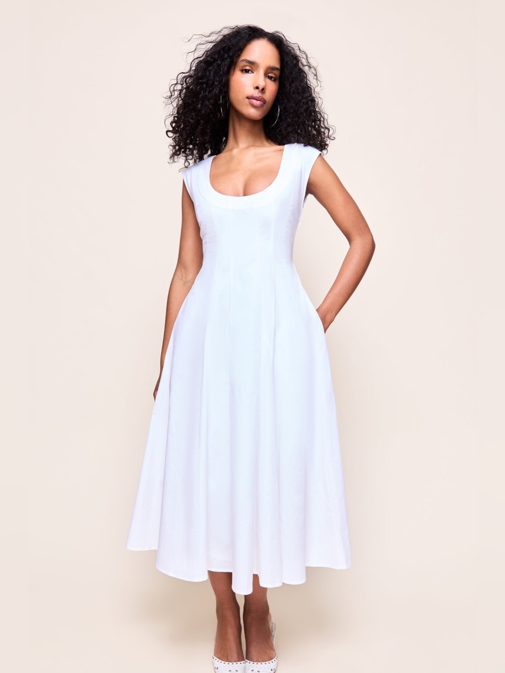 Danielle Guizio White Leila Cotton Poplin Dress - Size XS - Midi - Scoopneck